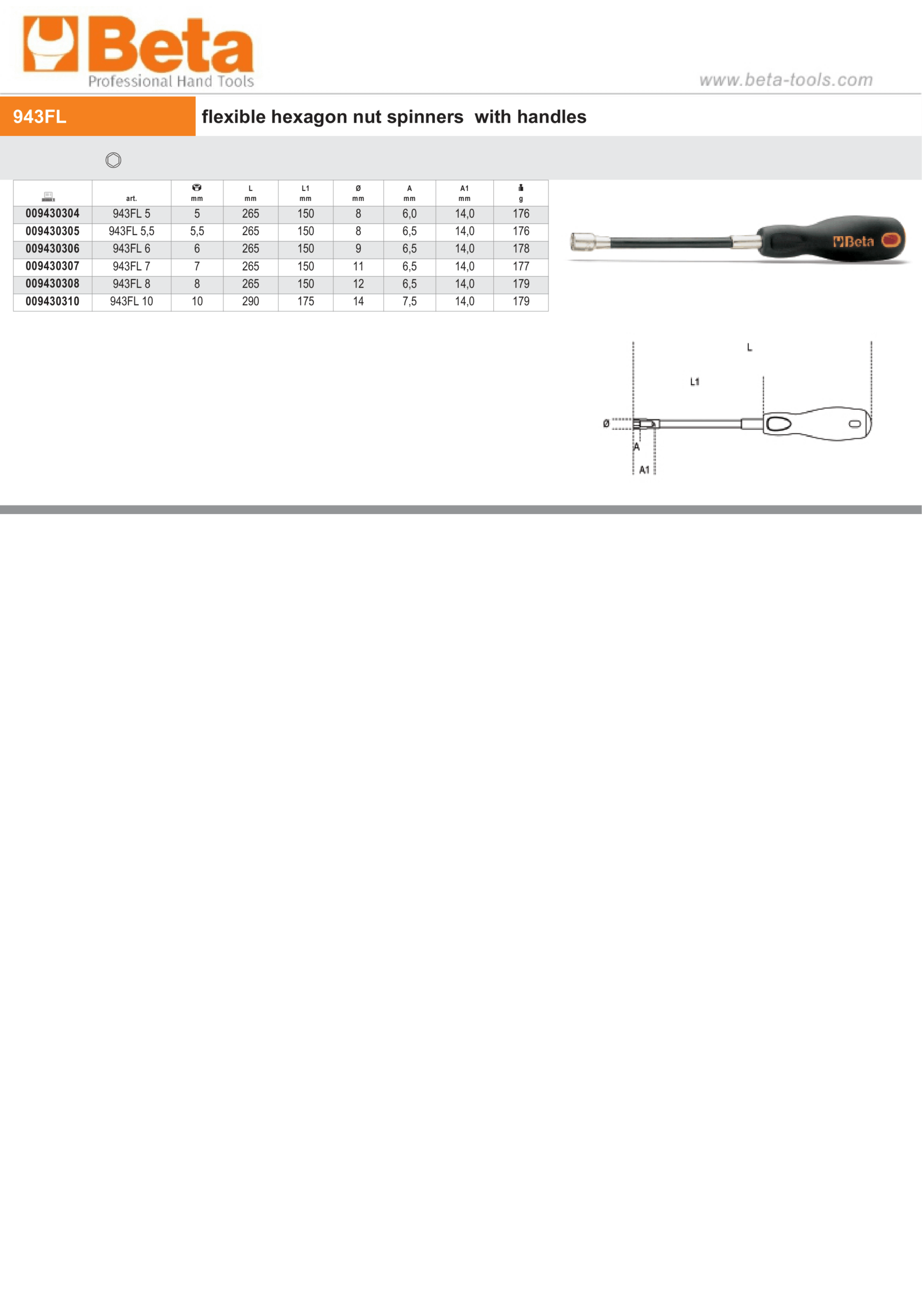 Flexible Hexagon Nut Spinner with Handle 10mm – Beta Tools 943FL 10