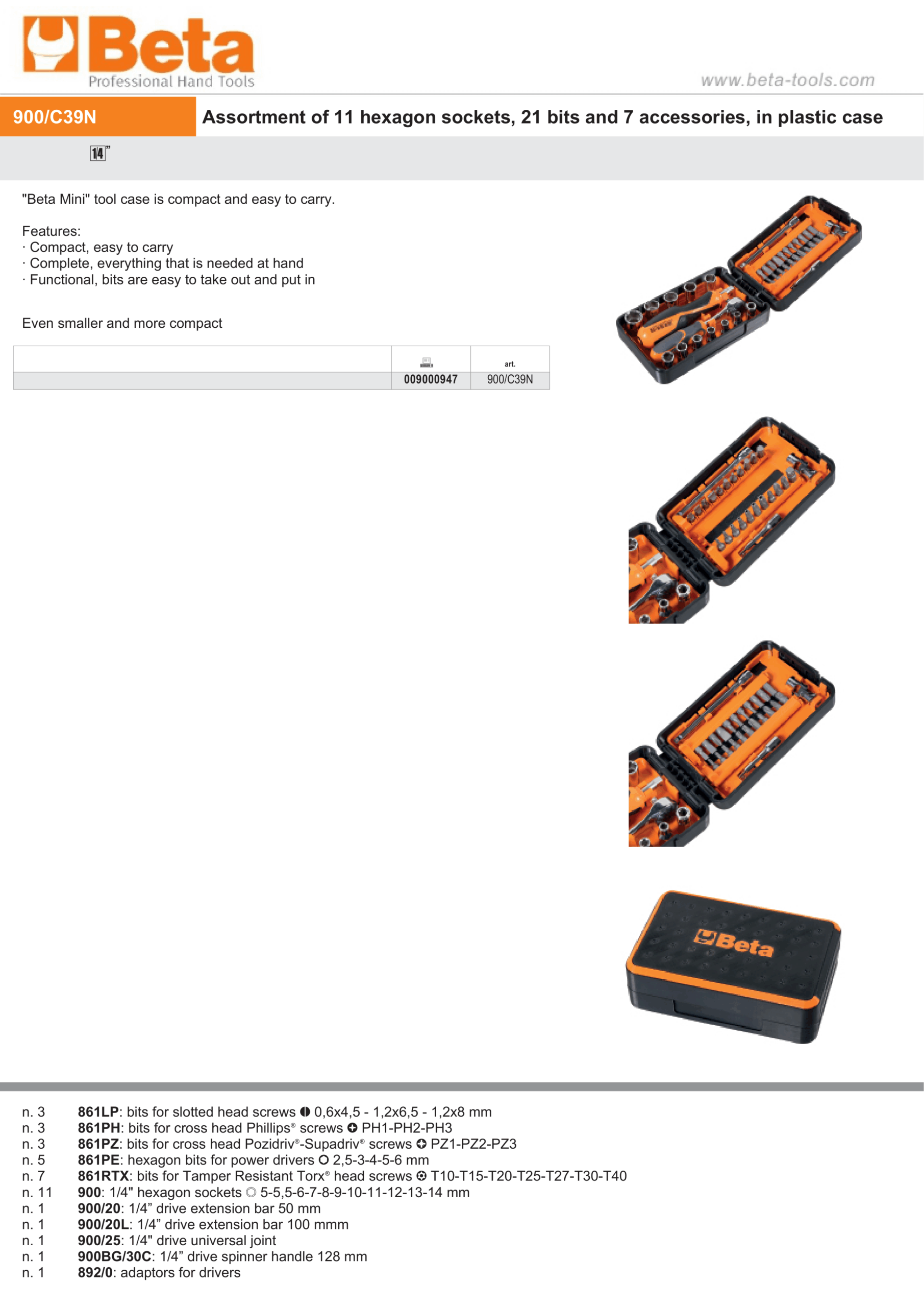 Compact Tool Case with 11 Hexagon Sockets, 21 Bits, 7 Accessories - Beta Tools 900/C39N - Image 5