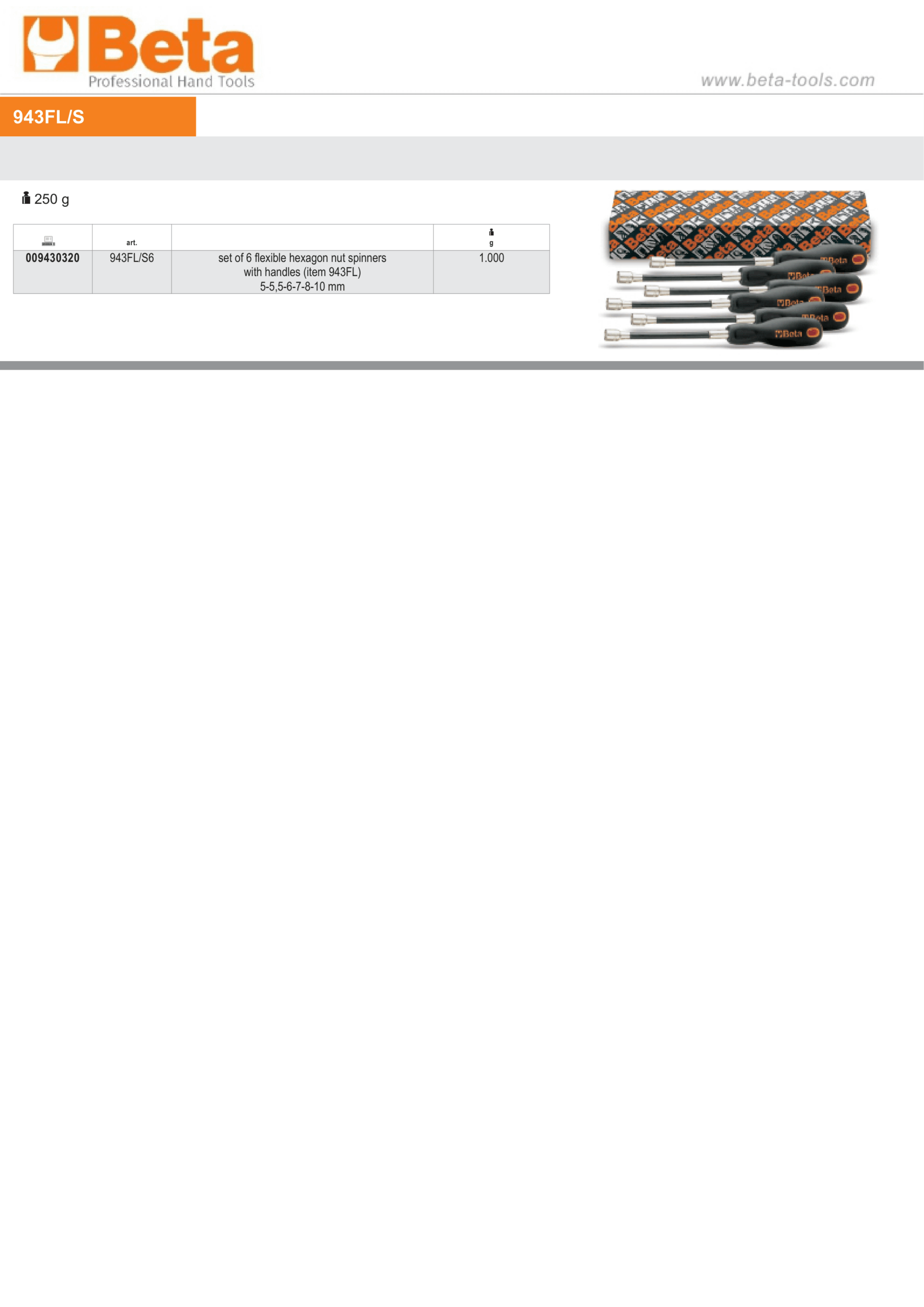 Set of 6 Flexible Hexagon Nut Spinners with Handles 5mm - 10mm - Beta Tools 943FL/S6 - Image 2