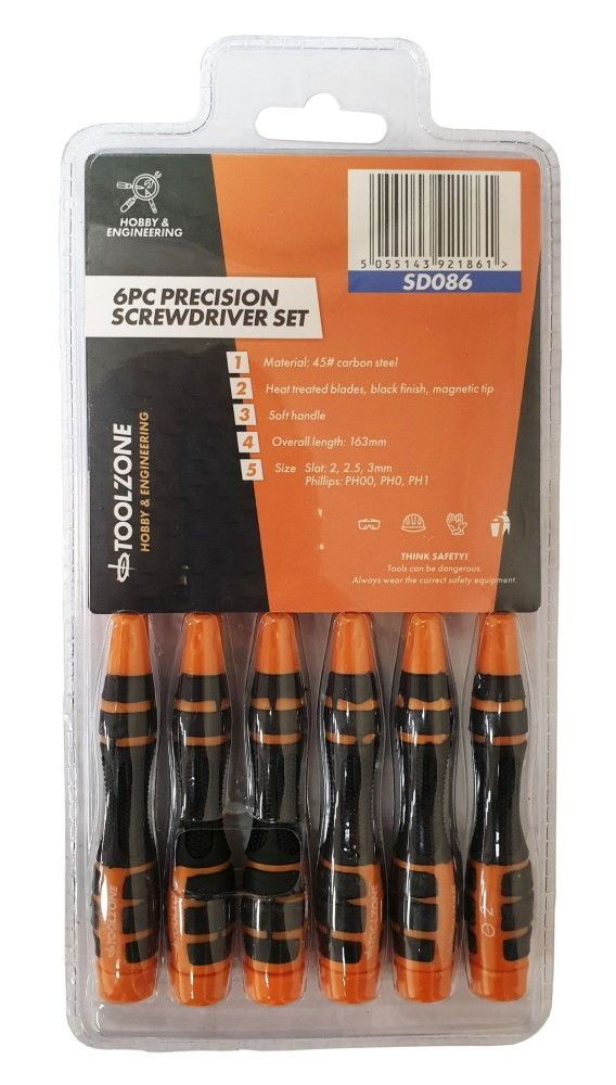 PRECISION SCREWDRIVER SET 6PC SOFT GRIP SLOT 2-3mm PH00-PH1 - TOOLZONE KDPSD086