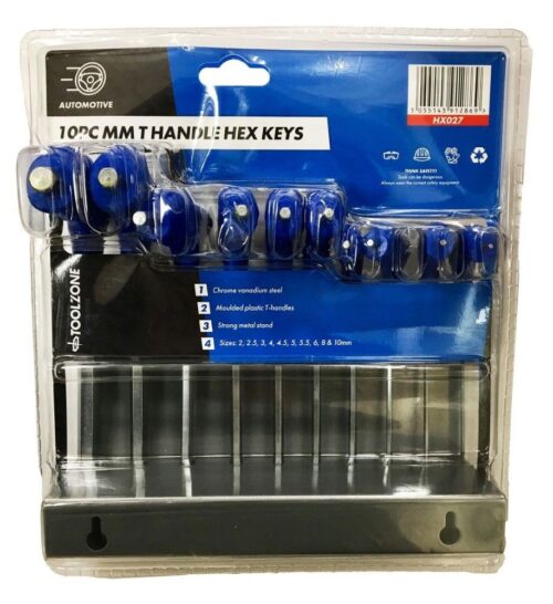 HEX KEY SET T HANDLE METRIC 10pc IN RACK CHROME VANADIUM – TOOLZONE KDPHX027