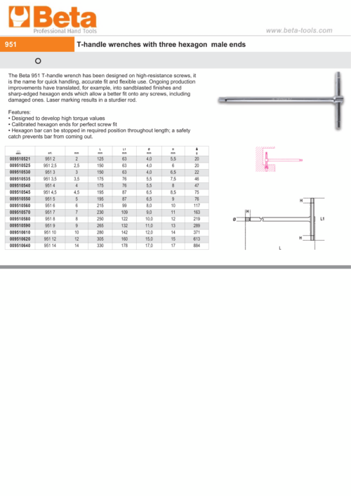 T-Handle Wrench with Three Hexagon Male Ends 2.5mm – Beta Tools 951 2,5
