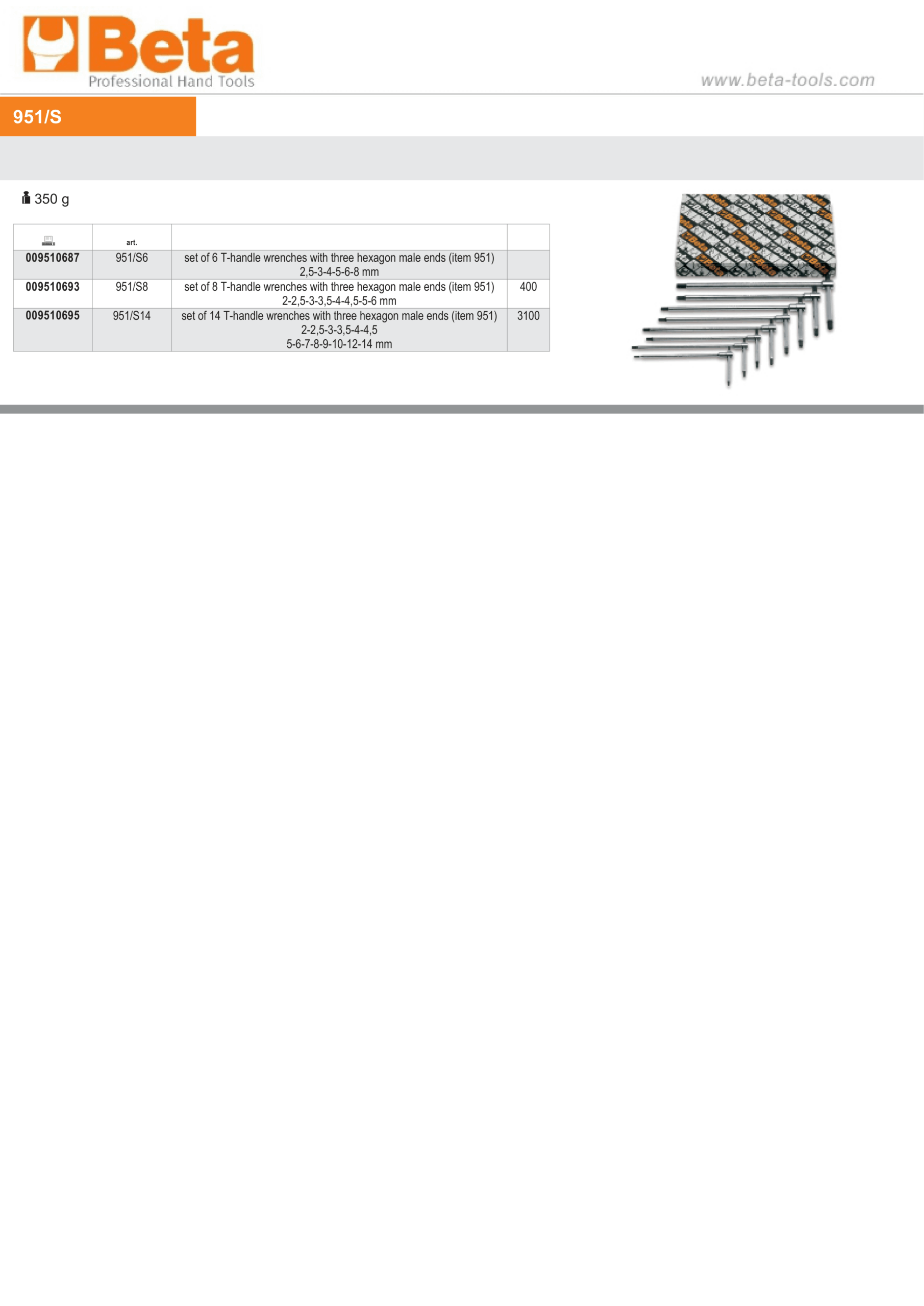 Set of 8 T-Handle Wrenches with Three Hexagon Male Ends 2mm - 6mm - Beta Tools 951/S8