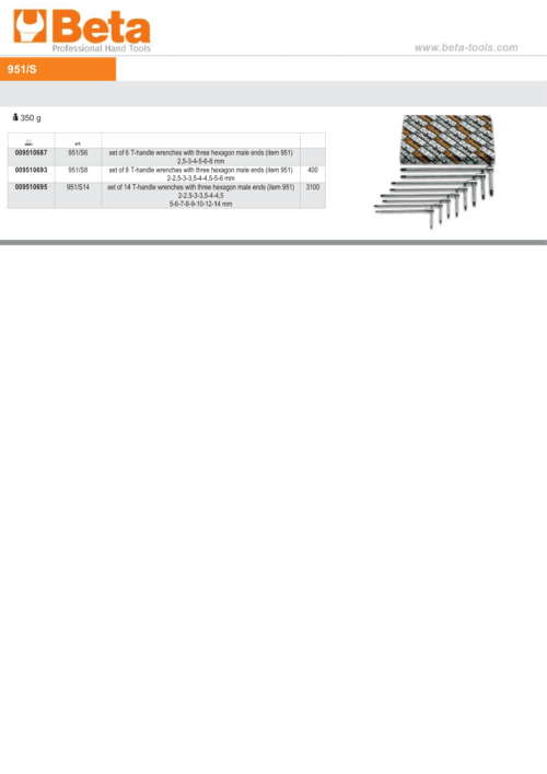 Set of 14 T-Handle Wrenches with Three Hexagon Male Ends 2mm – 14mm – Beta Tools 951/S14
