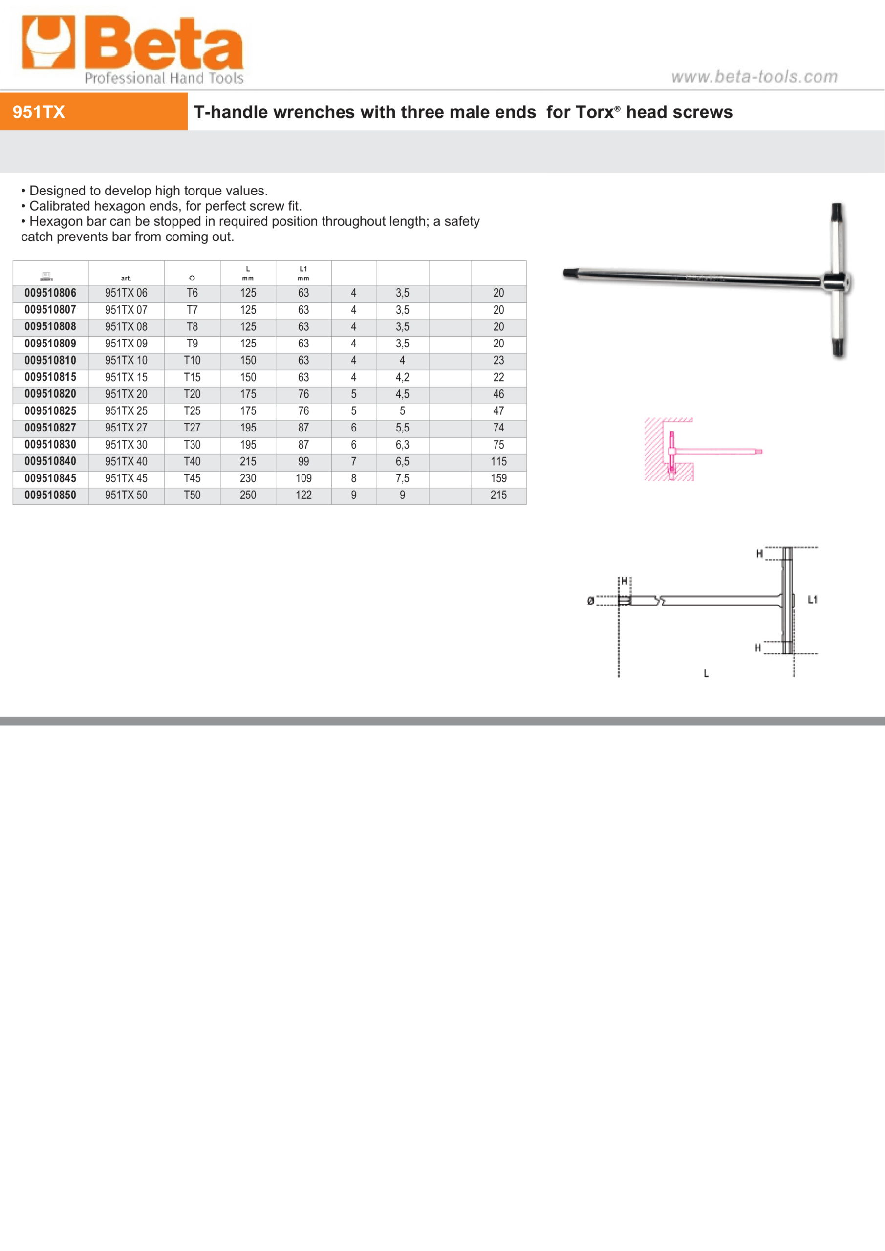 T-Handle Wrench with Three Male Ends for Torx Head Screws T15 – Beta Tools 951TX 15