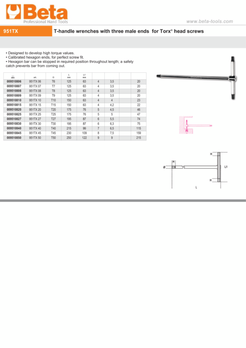 T-Handle Wrench with Three Male Ends for Torx Head Screws T30 – Beta Tools 951TX 30
