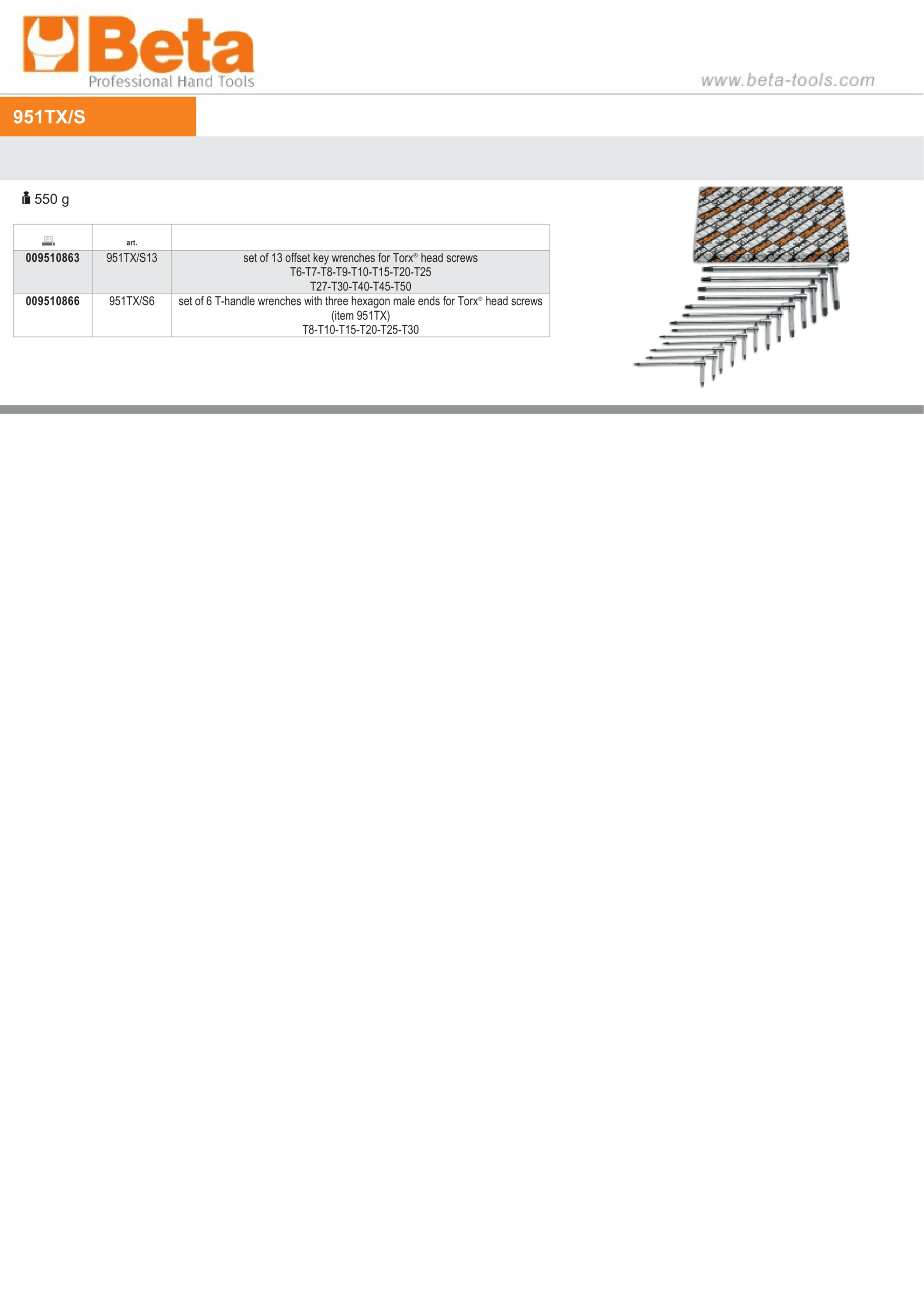 Set of 13 Offset Key Wrenches for Torx Head Screws T6 - T50 - Beta Tools 951TX/S13 - Image 2
