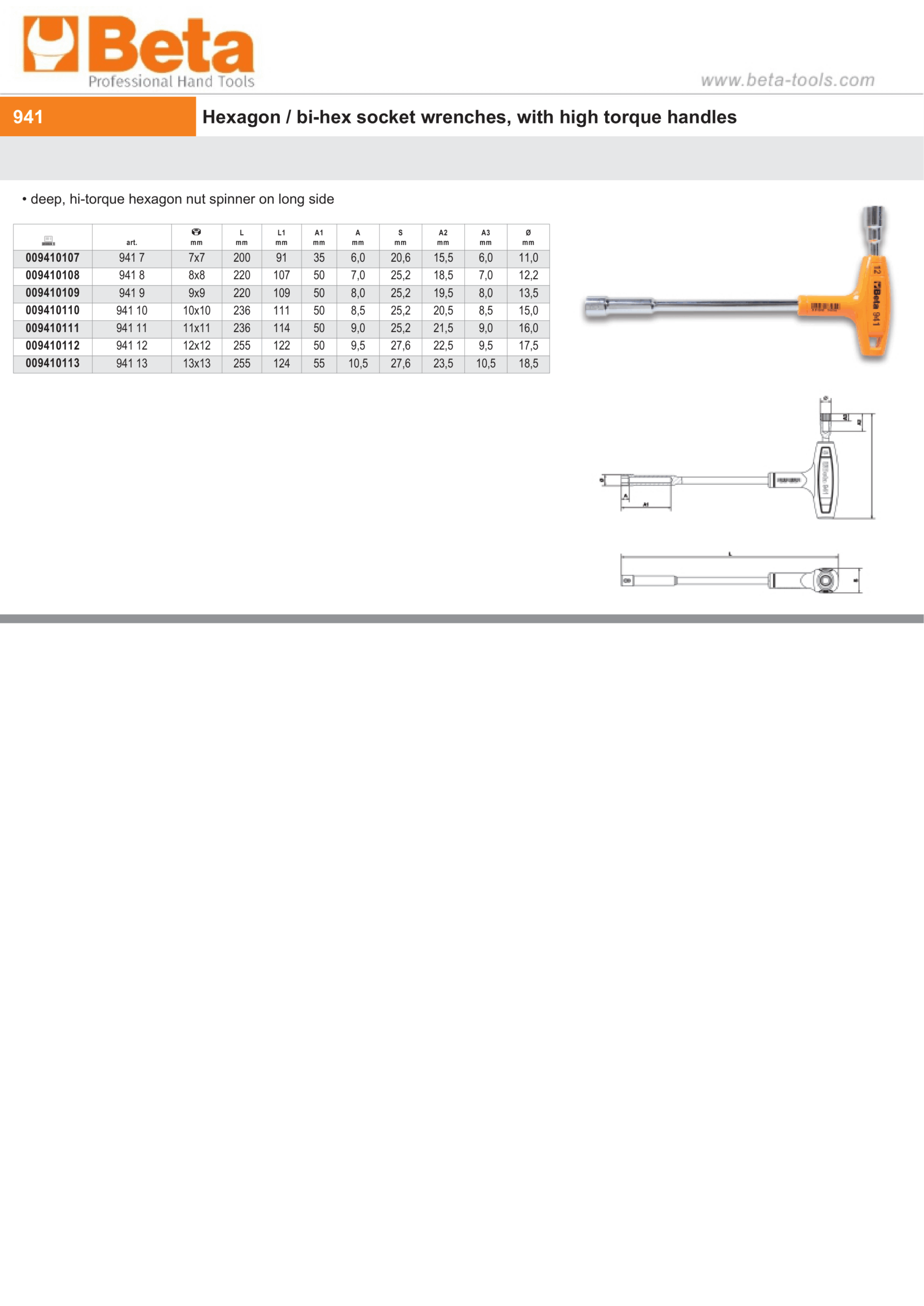 Hexagon/Bi-Hex Socket Wrench with High Torque Handle 12mm – Beta Tools 941 12