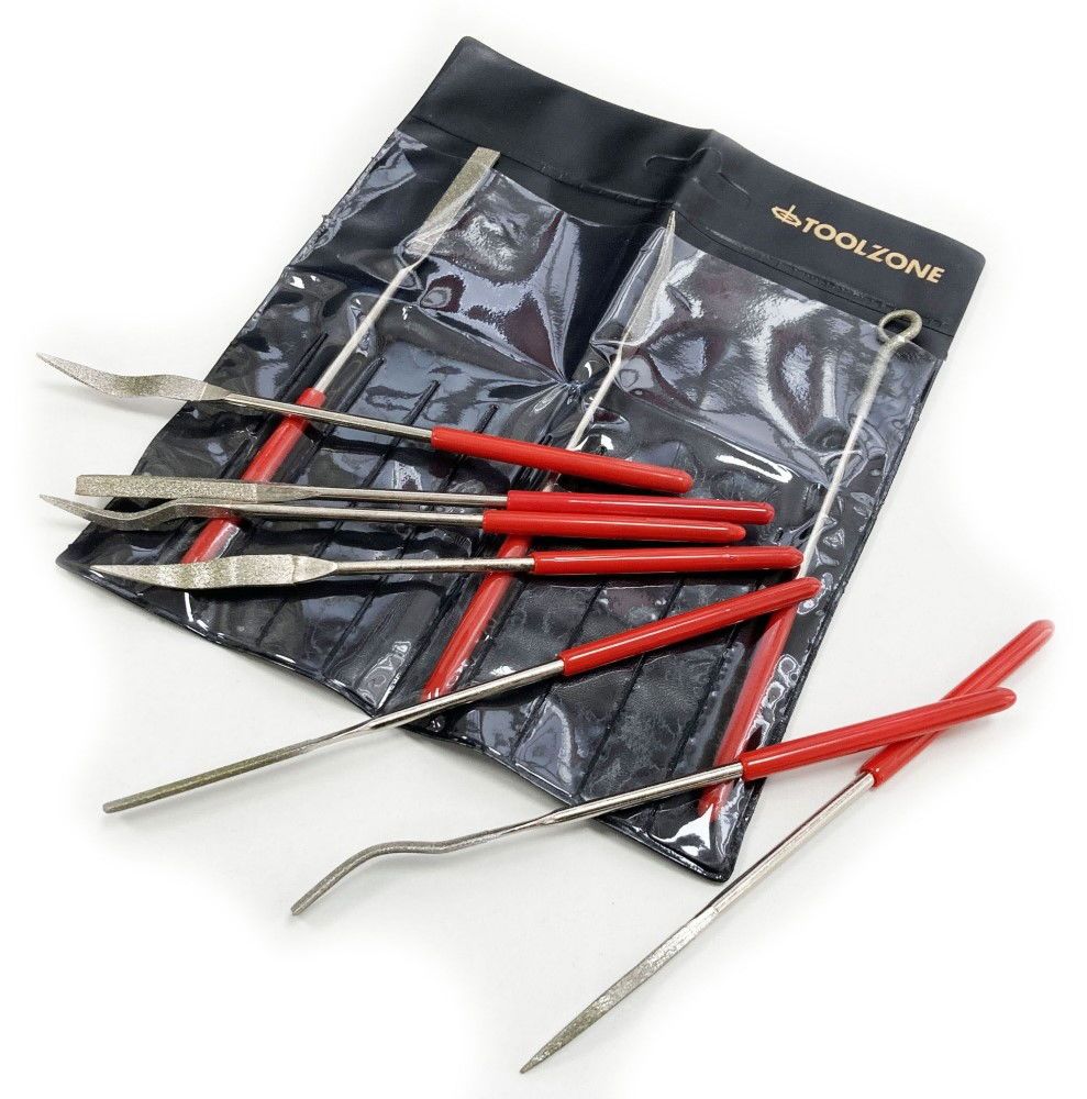 DIAMOND RIFFLER NEEDLE FILES 10PC 120 GRIT WITH PVC HANDLES - TOOLZONE KDPWW205