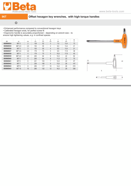 Offset Hexagon Key Wrench with High Torque Handle 4mm – Beta Tools 96T 4