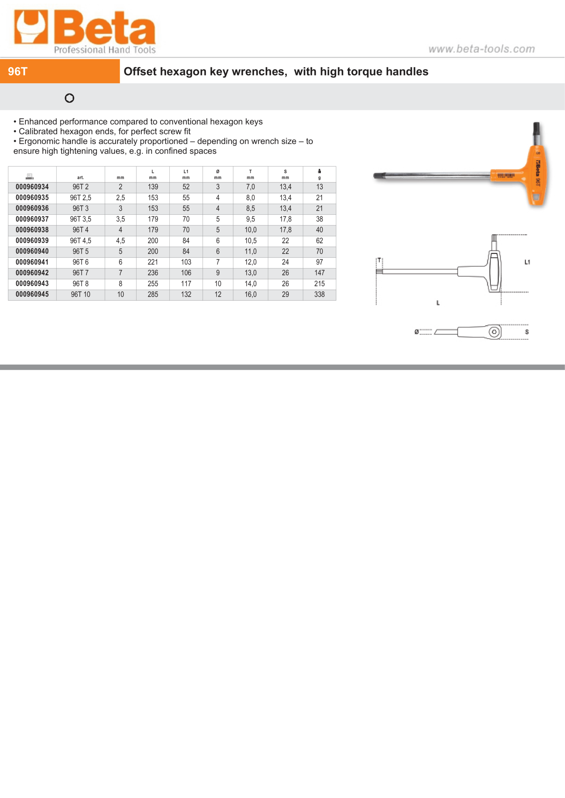 Offset Hexagon Key Wrench with High Torque Handle 2mm - Beta Tools 96T 2 - Image 4