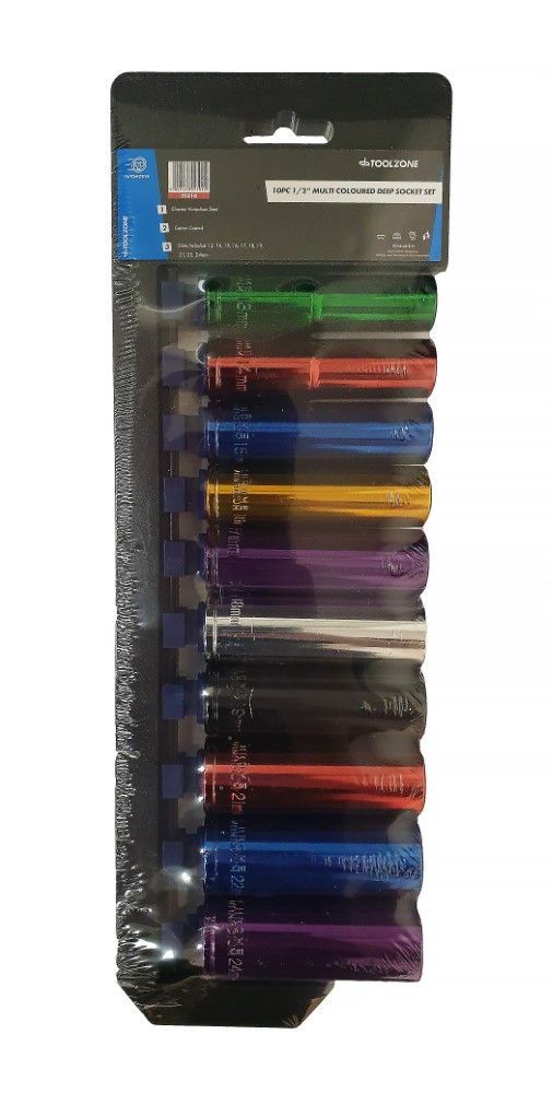 DEEP SOCKET SET 10 PIECES 1/2" DRIVE MM CRV COLOUR CODED 13mm-24mm - TOOLZONE KDPSS316