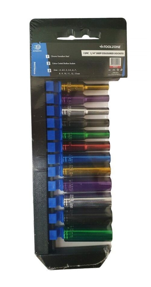 DEEP SOCKET SET 12 PIECES 1/4″ DRIVE MM CRV COLOUR CODED 4mm-13mm – TOOLZONE KDPSS314