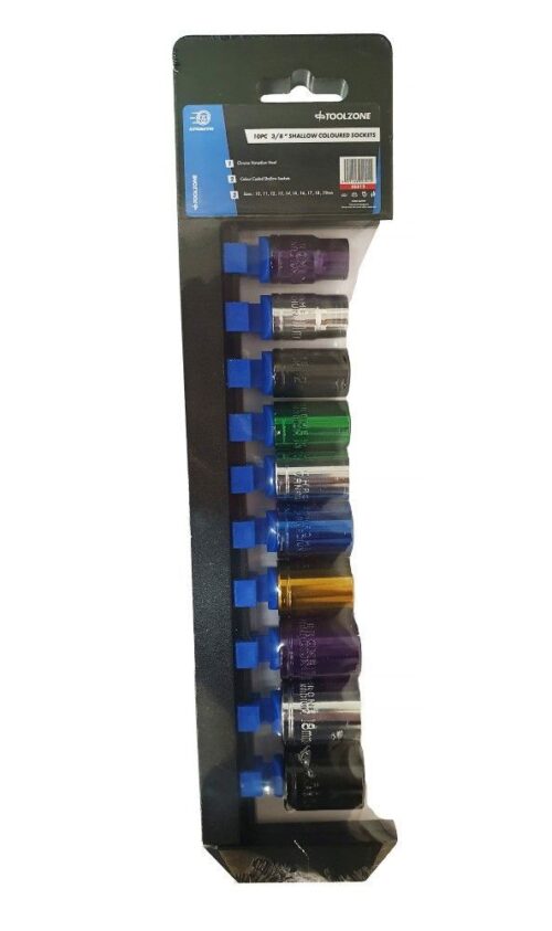 SOCKET SET 10 PIECES 3/8″ DRIVE MM CRV COLOUR CODED 10mm-19mm – TOOLZONE KDPSS312
