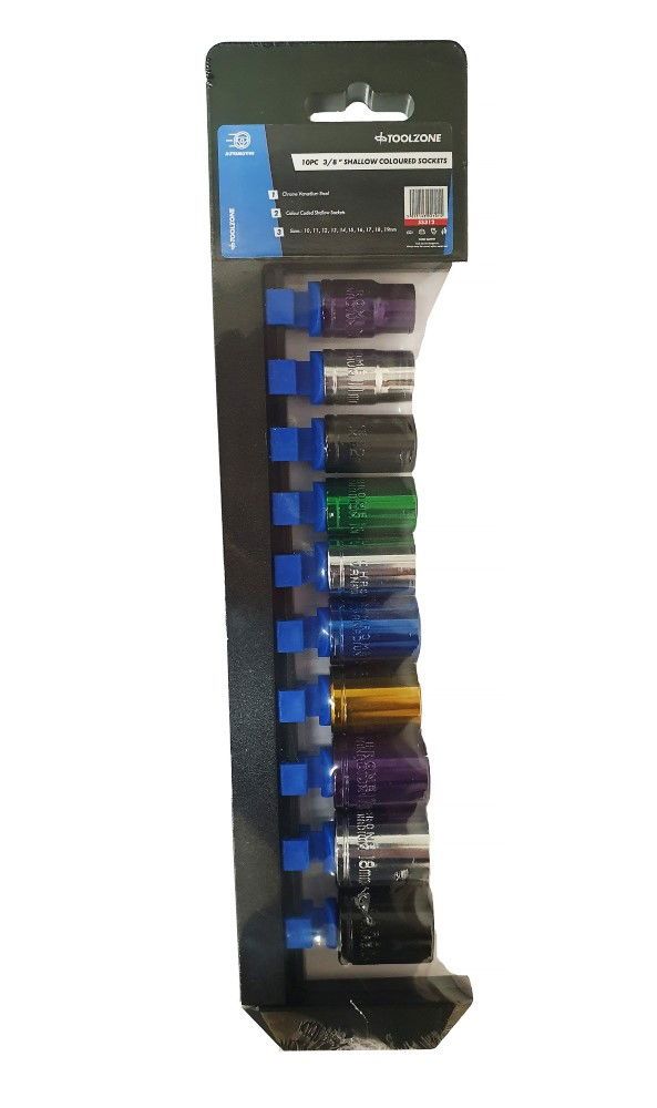 SOCKET SET 10 PIECES 3/8" DRIVE MM CRV COLOUR CODED 10mm-19mm - TOOLZONE KDPSS312