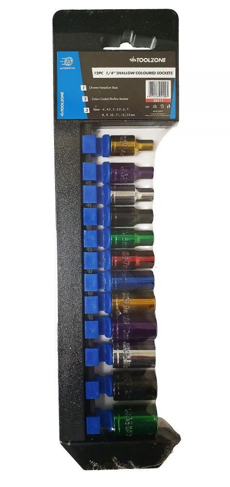 SOCKET SET 12 PIECES 1/4″ DRIVE MM CRV COLOUR CODED 4mm-13mm – TOOLZONE KDPSS311