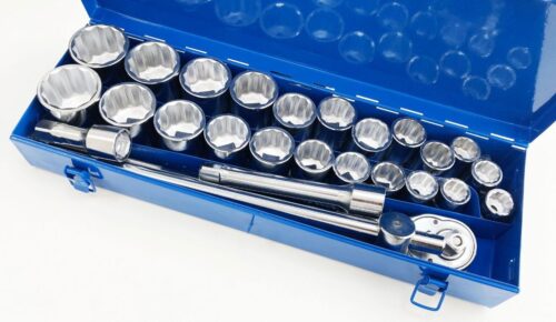 SOCKET SET 27 PIECES 3/4″ DRIVE METRIC AND AF 12 POINT IN METAL CASE – TOOLZONE KDPSS259
