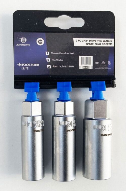 SPARK PLUG SOCKET SET 3/8″ DRIVE 3 PIECES 14mm 16mm 18mm THIN WALL SATIN FINISH – TOOLZONE KDPSS242