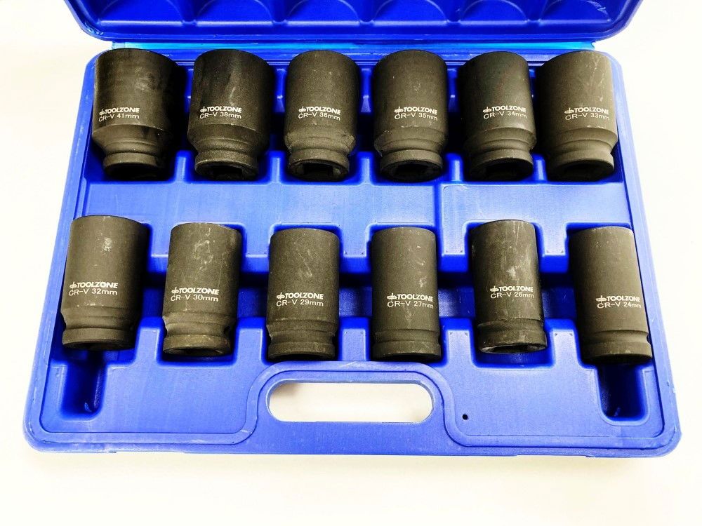IMPACT SOCKET SET DEEP 3/4" DRIVE 12 PIECES 24mm-41mm CRV 80mm BLACK FINISH - TOOLZONE KDPSS235