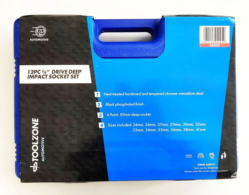 IMPACT SOCKET SET DEEP 3/4" DRIVE 12 PIECES 24mm-41mm CRV 80mm BLACK FINISH - TOOLZONE KDPSS235 - Image 4