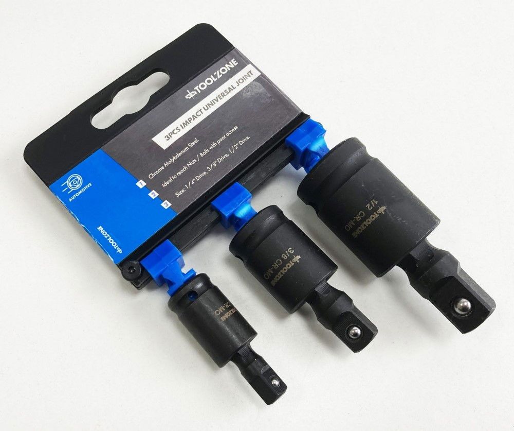 UNIVERSAL JOINT SET IMPACT 3 PIECES 1/4", 3/8", 1/2" CR-MO BLACK FINISH - TOOLZONE KDPSS227