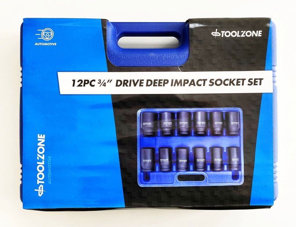 IMPACT SOCKET SET DEEP 3/4" DRIVE 12 PIECES 24mm-41mm CRV 80mm BLACK FINISH - TOOLZONE KDPSS235 - Image 6