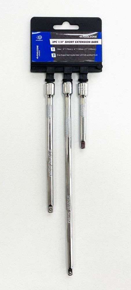 EXTENSION BAR SET 1/4" DRIVE SHORT 3 PIECES 75mm 150mm 225mm - TOOLZONE KDPSS140 - Image 2