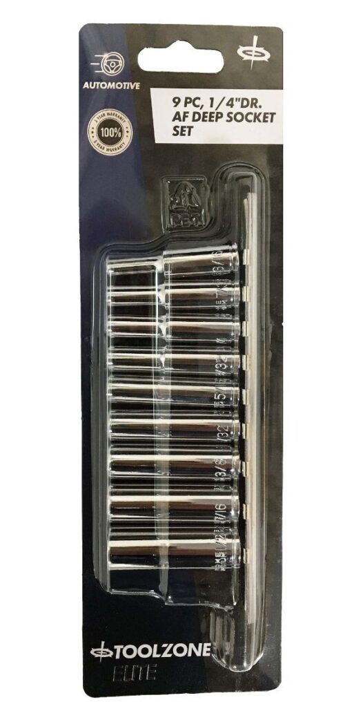 SOCKET SET 1/4″ DRIVE DEEP AF 9pc 3/16-1/2″ CRV POLISHED – TOOLZONE KDPSS035