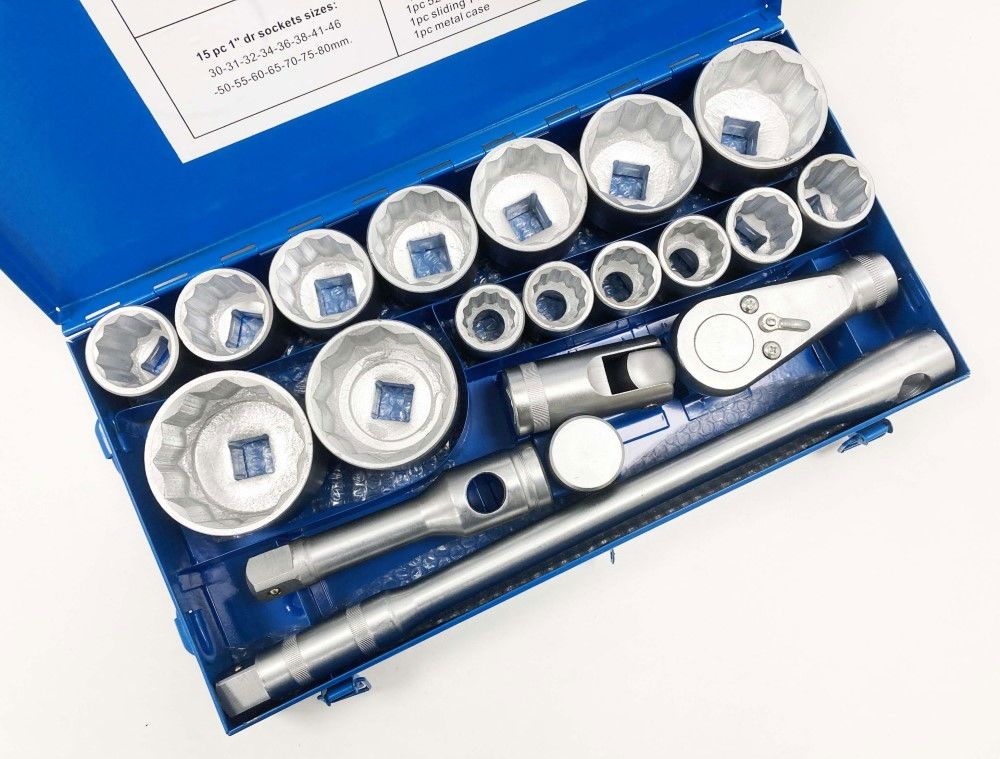 SOCKET SET 1" DRIVE 21pc 30-80mm WITH ACCESSORIES IN METAL CASE - TOOLZONE KDPSS020