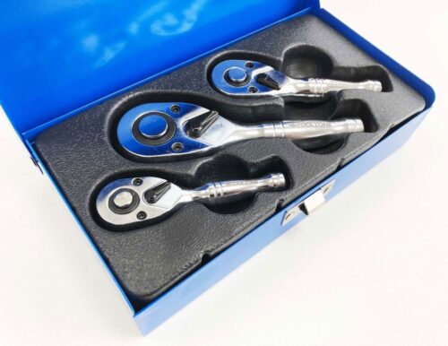 STUBBY RATCHET HANDLE SET 3pc 1/4″ 3/8″ 1/2″ DRIVE 72 TEETH CRV – TOOLZONE KDPSS015