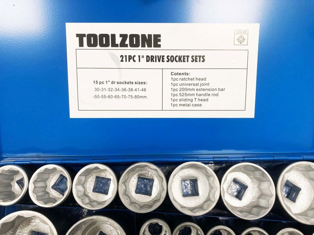 SOCKET SET 1" DRIVE 21pc 30-80mm WITH ACCESSORIES IN METAL CASE - TOOLZONE KDPSS020 - Image 5