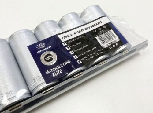 DEEP SOCKET SET 3/8″ DRIVE 15pc 8-22mm CRV 6PT ON RAIL – TOOLZONE KDPSS009