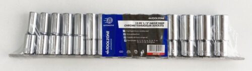 DEEP SOCKET SET 1/2″ DRIVE 15pc 10-24mm CRV 6PT ON RAIL – TOOLZONE KDPSS010