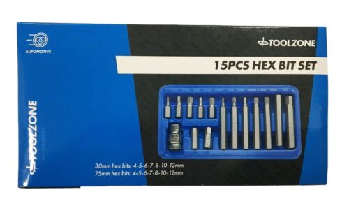 HEX BIT SET METRIC 15pc WITH 1/2″ DRIVE ADAPTOR CHROME VANADIUM – TOOLZONE KDPHX036