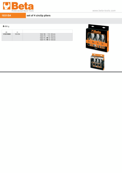 Set of 4 Circlip Pliers 19mm – 60mm – Beta Tools 1031/S4