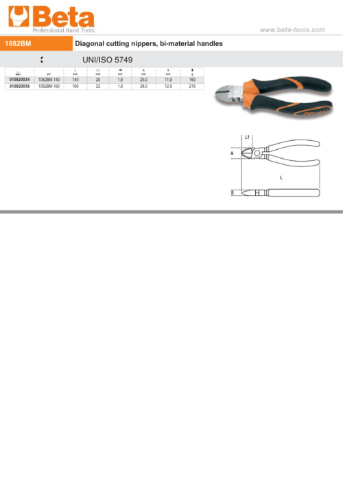 Diagonal Cutting Nippers Bi-Material Handles 160mm – Beta Tools 1082BM 160