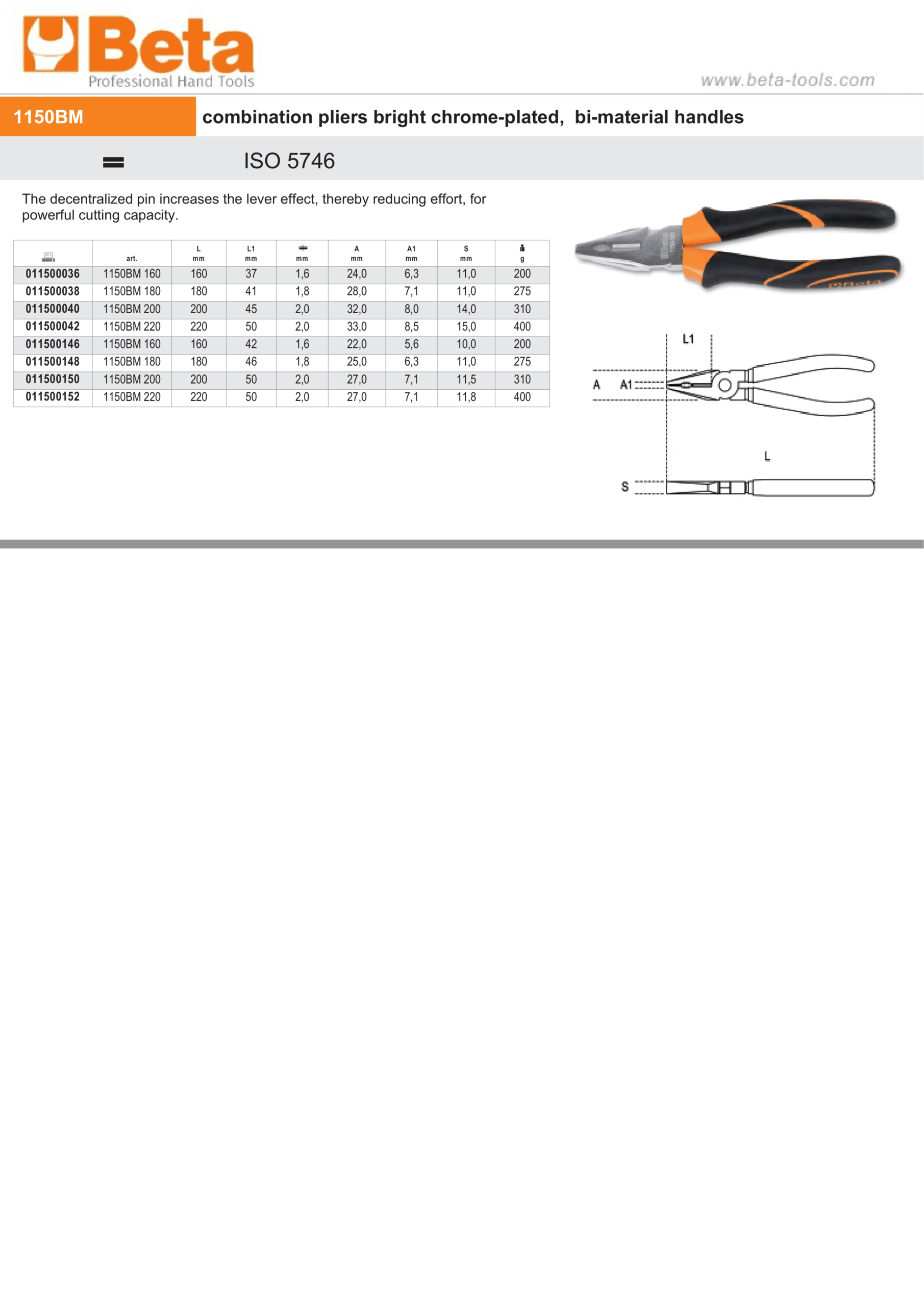 Combination Pliers Chrome-Plated with Bi-Material Handles 160mm Length - Beta Tools 1150BM 160 - Image 3