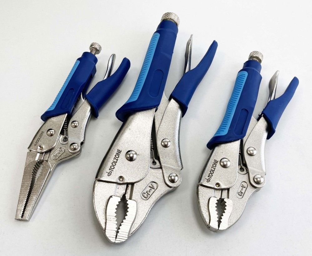 LOCKING PLIER SET 3 PIECE CRV SOFTGRIP 7" 10" CURVED JAW 6.5" LONG NOSE - TOOLZONE KDPWR174