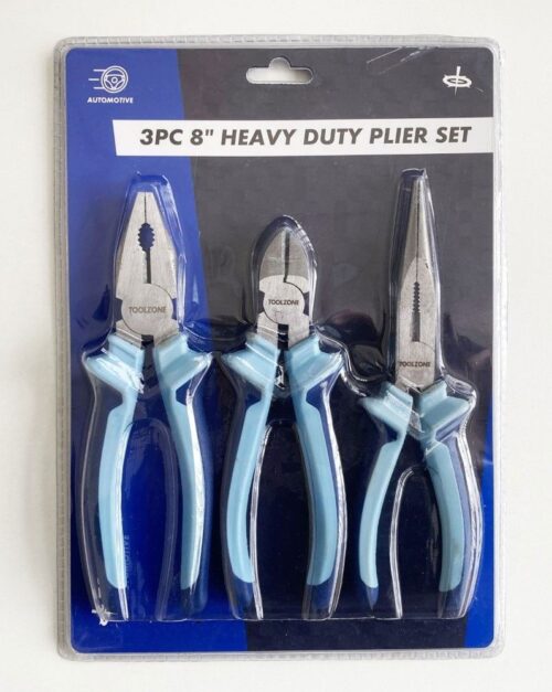 HEAVY DUTY PLIER SET 3PC 8″ DROP FORGED STEEL SOFT GRIP HANDLES – TOOLZONE KDPPL140