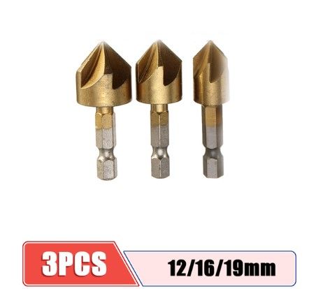 Counter Sink Drill Bit Set 1/4” Hex Shank HSS 5 Flute 6mm-19mm 3PCS