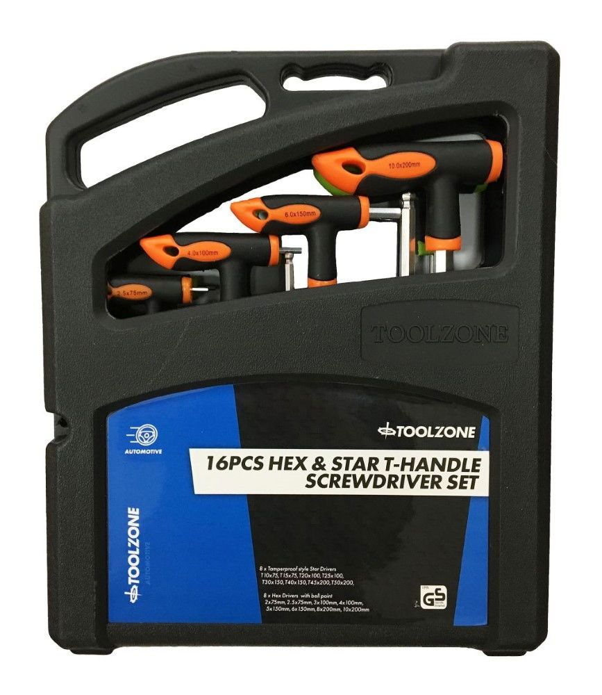 T HANDLE HEX AND STAR SCREWDRIVER SET 16PC CRV - TOOLZONE KDPSD305 - Image 2