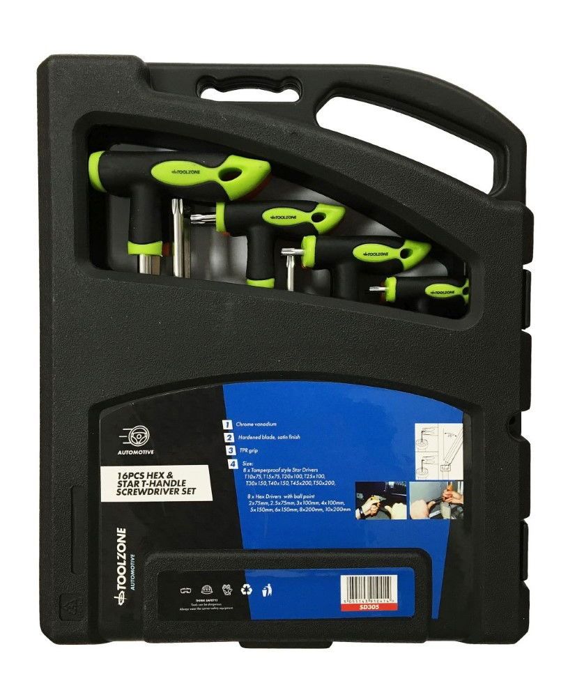 T HANDLE HEX AND STAR SCREWDRIVER SET 16PC CRV - TOOLZONE KDPSD305 - Image 3