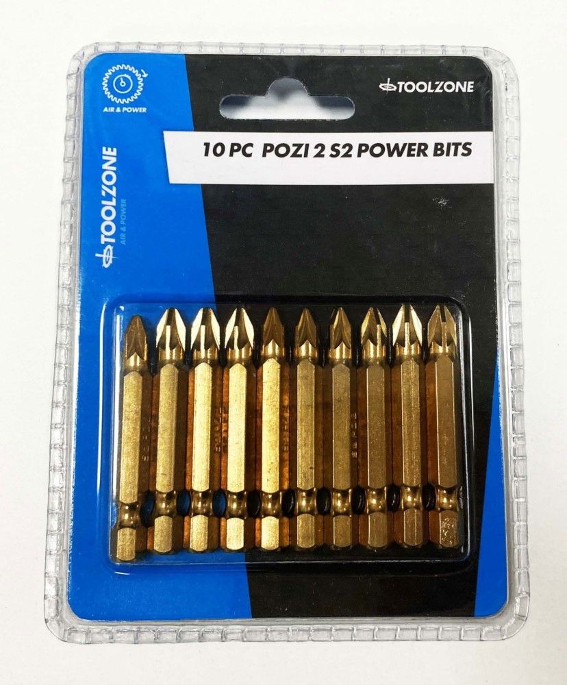 POZI POWER BITS 10PC PZ2 S2 50mm 1/4" HEX - TOOLZONE KDPSD281