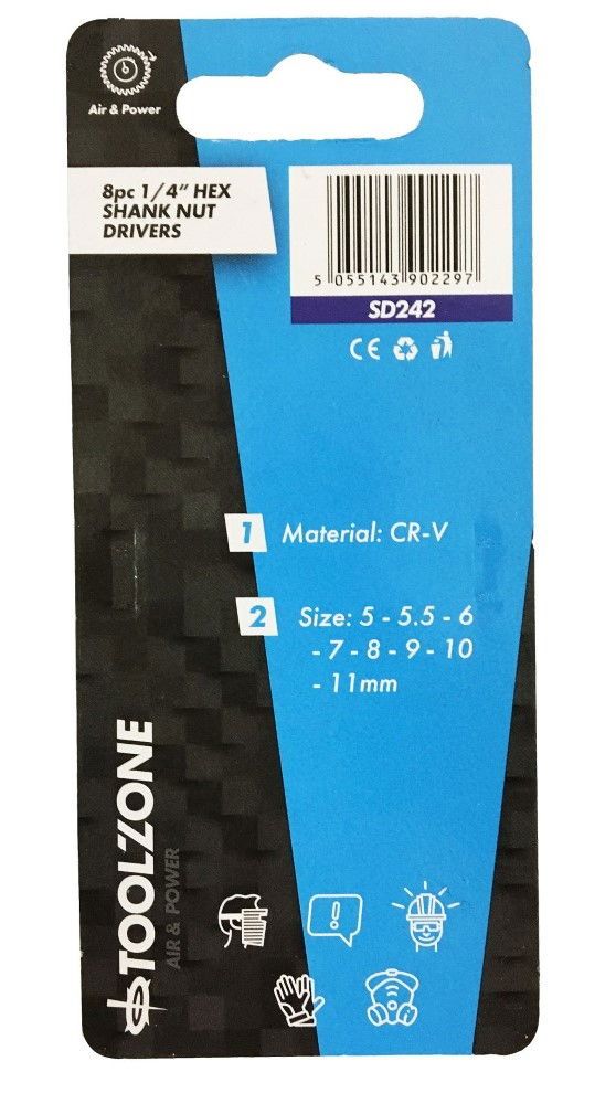 NUT DRIVER SET 8PC 1/4" HEX SHANK 5-11mm - TOOLZONE KDPSD242
