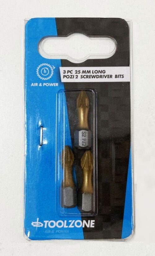 POZI BIT SET 3PC S2 PZ2 25mm 1/4″ HEX – TOOLZONE KDPSD100