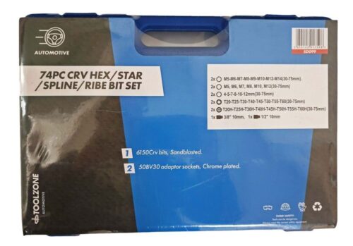 BIT SET 74PC CRV HEX STAR SPLINE RIBE 30mm 75mm – TOOLZONE KDPSD099