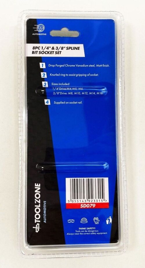 SPLINE BIT SOCKET SET 8PC 1/4″ 3/8″ DRIVE M4-M16 ON RAIL – TOOLZONE KDPSD079