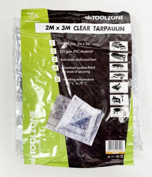 PVC TARPAULIN CLEAR 2m x 3m 320gsm WITH ALUMINIUM GROMMETS – TOOLZONE KDPTL025