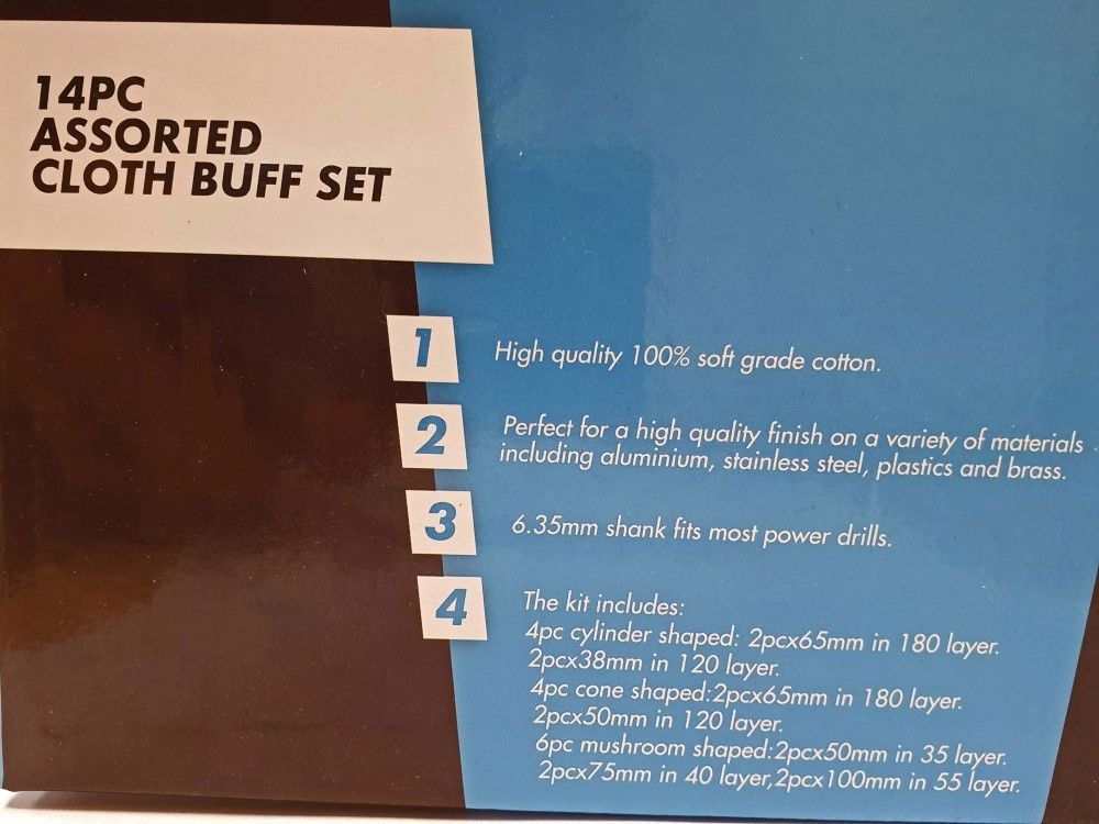 BUFF SET ASSORTED CLOTH 14PC 1/4" SHANK COTTON FOR DRILLS - TOOLZONE KDPPW164 - Image 4