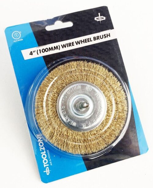 FLAT WIRE WHEEL FOR DRILL 4″ 1/4″ SHANK BRASS PLATED – TOOLZONE KDPDR210